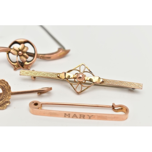 72 - THREE BAR BROOCHES AND A SWEETHEART BROOCH, the first a 9ct gold AF brooch with a clover detail, fit... 