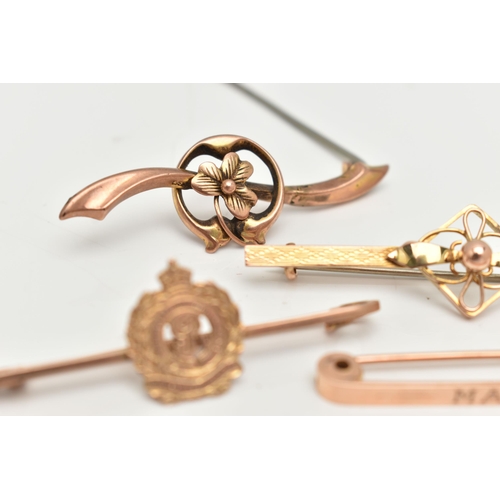 72 - THREE BAR BROOCHES AND A SWEETHEART BROOCH, the first a 9ct gold AF brooch with a clover detail, fit... 