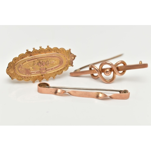 74 - THREE EARLY 20TH CENTURY BROOCHES, the first a 9ct gold knot style bar brooch, fitted with a base me... 