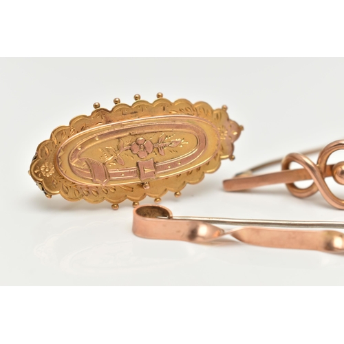 74 - THREE EARLY 20TH CENTURY BROOCHES, the first a 9ct gold knot style bar brooch, fitted with a base me... 