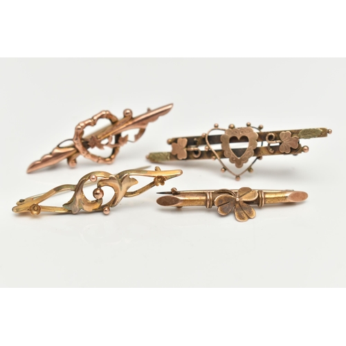 75 - FOUR EARLY 20TH CENTURY BAR BROOCHES, the first a 9ct gold bar brooch with open heart detail, hallma... 