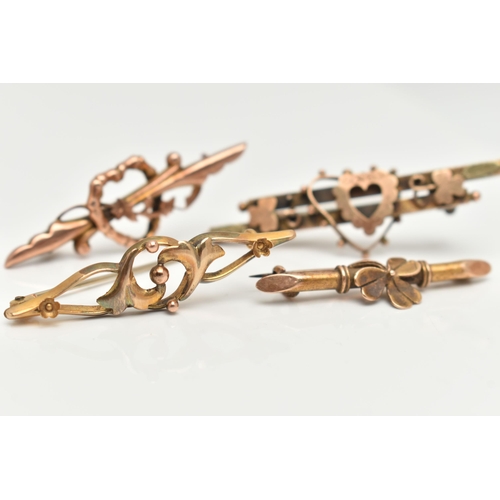 75 - FOUR EARLY 20TH CENTURY BAR BROOCHES, the first a 9ct gold bar brooch with open heart detail, hallma... 