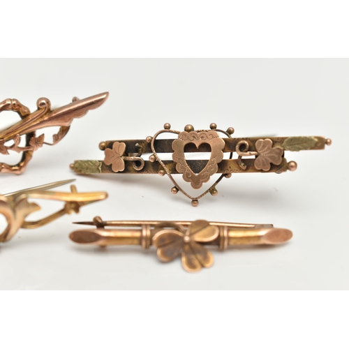 75 - FOUR EARLY 20TH CENTURY BAR BROOCHES, the first a 9ct gold bar brooch with open heart detail, hallma... 