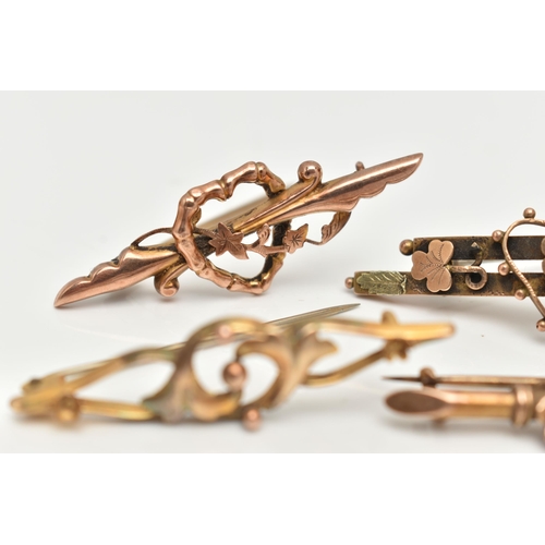 75 - FOUR EARLY 20TH CENTURY BAR BROOCHES, the first a 9ct gold bar brooch with open heart detail, hallma... 