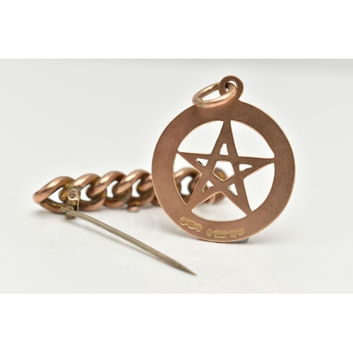 76 - A 9CT GOLD PENDANT AND YELLOW METAL BAR BROOCH, a circular pendant with open work detail of a star, ... 