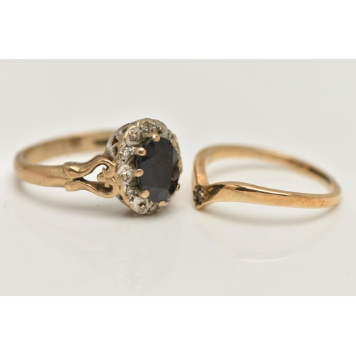 78 - TWO RINGS, the fist a 9ct gold sapphire and diamond cluster, hallmarked 9ct Birmingham, ring size M ... 