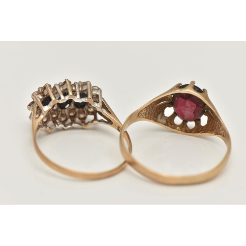 79 - TWO 9CT GOLD RINGS, the first an oval cut garnet, prong set in yellow gold, hallmarked 9ct Birmingha... 