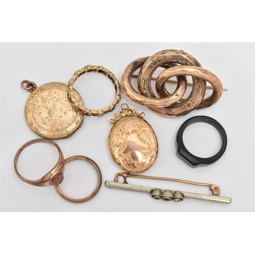 80 - AN ASSORTMENT OF JEWELLERY, to include and early 20th century knot brooch, an intaglio ring, two loc... 