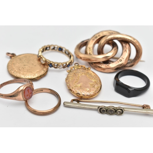 80 - AN ASSORTMENT OF JEWELLERY, to include and early 20th century knot brooch, an intaglio ring, two loc... 