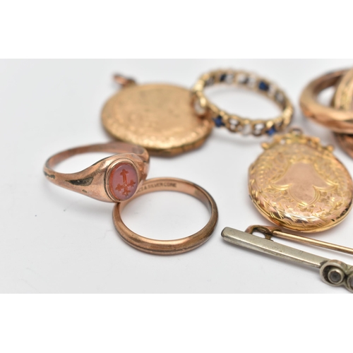 80 - AN ASSORTMENT OF JEWELLERY, to include and early 20th century knot brooch, an intaglio ring, two loc... 