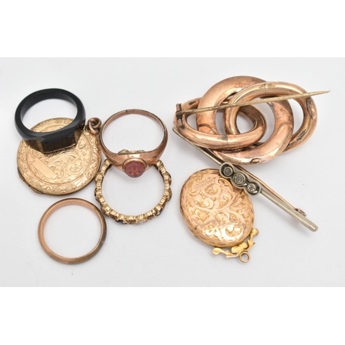 80 - AN ASSORTMENT OF JEWELLERY, to include and early 20th century knot brooch, an intaglio ring, two loc... 