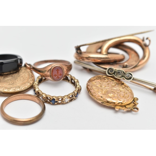 80 - AN ASSORTMENT OF JEWELLERY, to include and early 20th century knot brooch, an intaglio ring, two loc... 