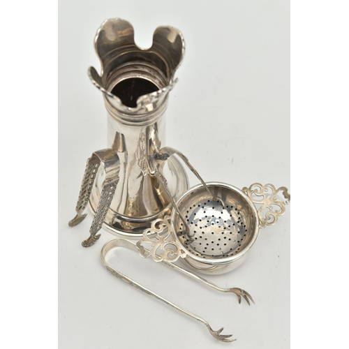 104 - A PARCEL OF SILVER ITEMS, to include a tea strainer with stand, each piece hallmarked 'Adie Brothers... 