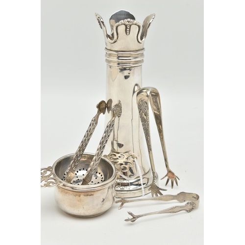 104 - A PARCEL OF SILVER ITEMS, to include a tea strainer with stand, each piece hallmarked 'Adie Brothers... 