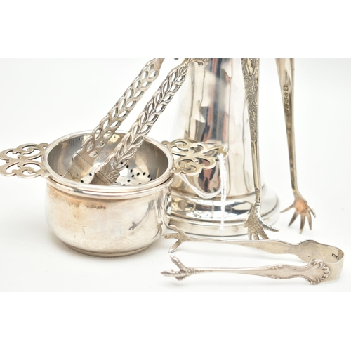 104 - A PARCEL OF SILVER ITEMS, to include a tea strainer with stand, each piece hallmarked 'Adie Brothers... 