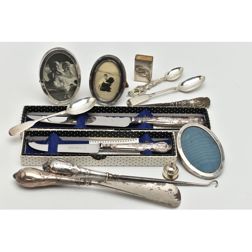 105 - A SELECTION OF SILVERWARE, to include two early Victorian silver fiddle pattern teaspoons, hallmarks... 