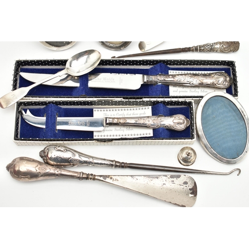 105 - A SELECTION OF SILVERWARE, to include two early Victorian silver fiddle pattern teaspoons, hallmarks... 