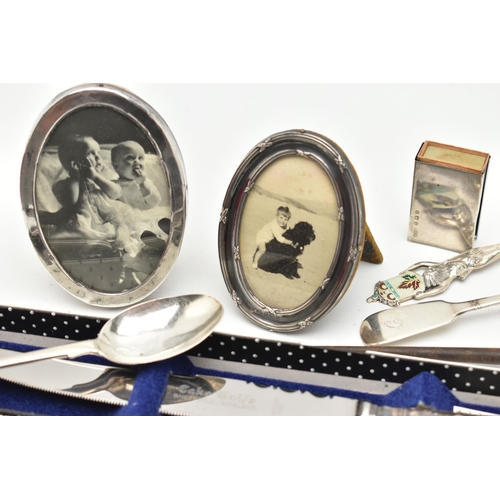 105 - A SELECTION OF SILVERWARE, to include two early Victorian silver fiddle pattern teaspoons, hallmarks... 