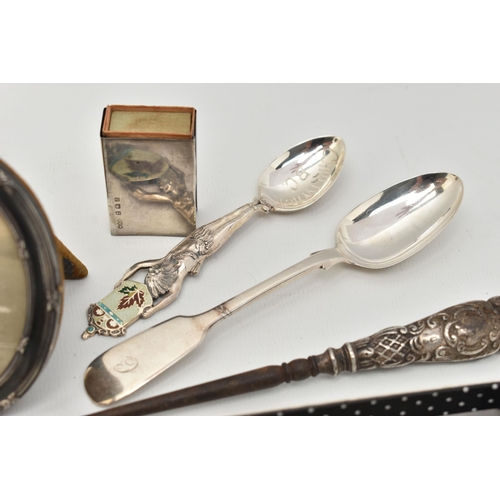 105 - A SELECTION OF SILVERWARE, to include two early Victorian silver fiddle pattern teaspoons, hallmarks... 