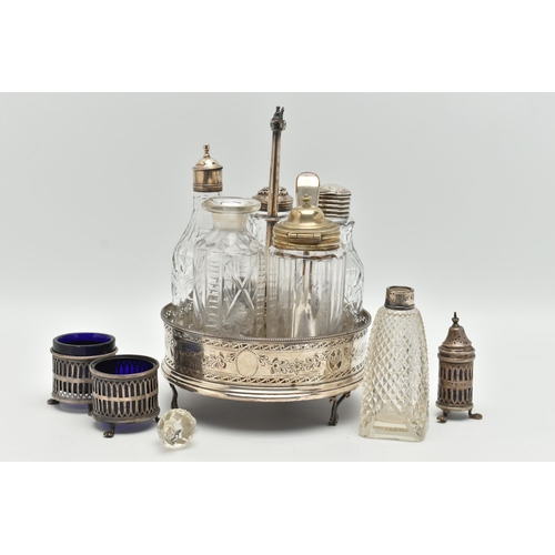 106 - TWO CRUET SETS, the first a non-matching set, with wooden based tray and silver edge, hallmark rubbe... 