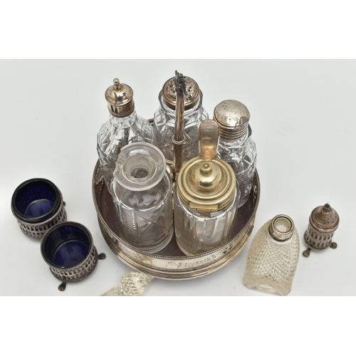 106 - TWO CRUET SETS, the first a non-matching set, with wooden based tray and silver edge, hallmark rubbe... 