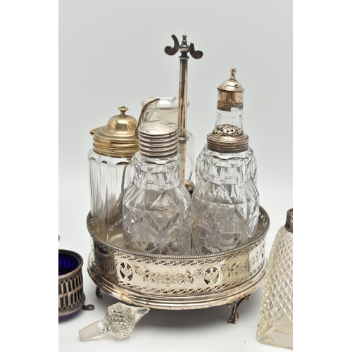 106 - TWO CRUET SETS, the first a non-matching set, with wooden based tray and silver edge, hallmark rubbe... 