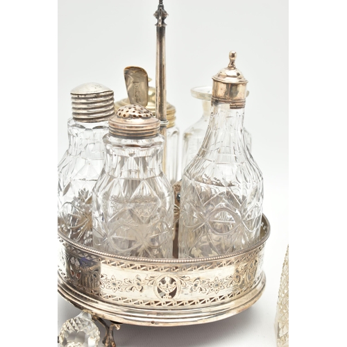 106 - TWO CRUET SETS, the first a non-matching set, with wooden based tray and silver edge, hallmark rubbe... 