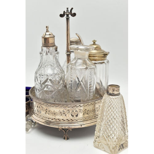 106 - TWO CRUET SETS, the first a non-matching set, with wooden based tray and silver edge, hallmark rubbe... 