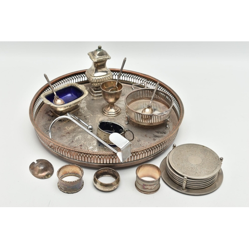 107 - A SMALL ASSORTMENT OF SILVER AND SILVER PLATE ITEMS, to include three silver napkin rings, of differ... 