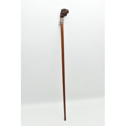 109 - A LATE VICTORIAN NOVELTY WALKING STICK WITH CARVED WOODEN DOG'S HEAD HANDLE, fitted with glass eyes,... 