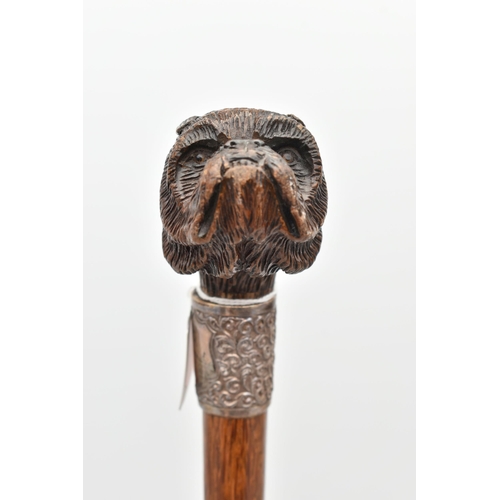 109 - A LATE VICTORIAN NOVELTY WALKING STICK WITH CARVED WOODEN DOG'S HEAD HANDLE, fitted with glass eyes,... 