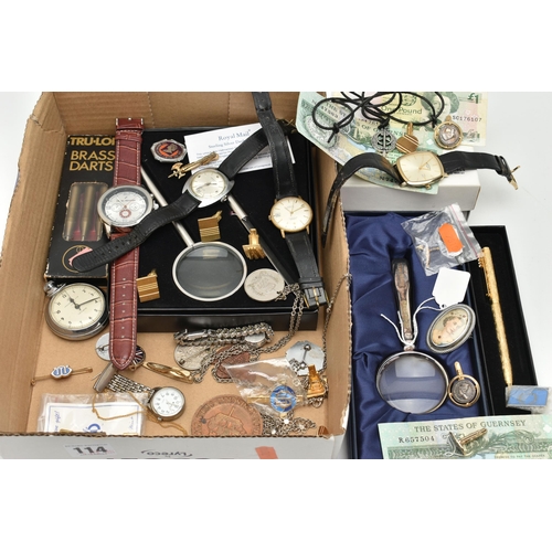 114 - A BOX OF ASSORTED ITEMS, to include an AF small yellow metal Jesus missing cross (possibly once a pe... 