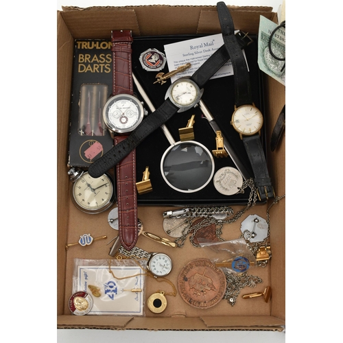 114 - A BOX OF ASSORTED ITEMS, to include an AF small yellow metal Jesus missing cross (possibly once a pe... 