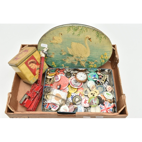 116 - A BOX OF ASSORTED ITEMS, to include a plated 'Smiths' manual wind, open face pocket watch, Arabic nu... 