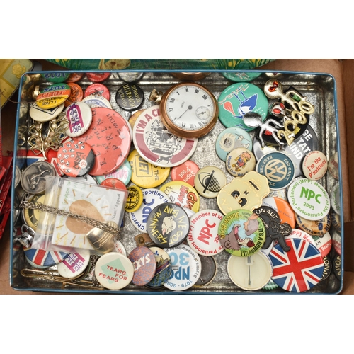 116 - A BOX OF ASSORTED ITEMS, to include a plated 'Smiths' manual wind, open face pocket watch, Arabic nu... 