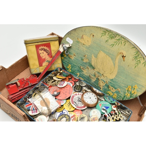 116 - A BOX OF ASSORTED ITEMS, to include a plated 'Smiths' manual wind, open face pocket watch, Arabic nu... 