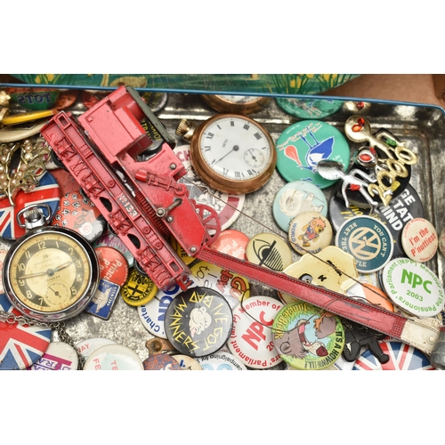 116 - A BOX OF ASSORTED ITEMS, to include a plated 'Smiths' manual wind, open face pocket watch, Arabic nu... 