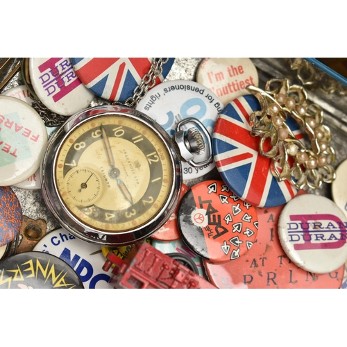 116 - A BOX OF ASSORTED ITEMS, to include a plated 'Smiths' manual wind, open face pocket watch, Arabic nu... 