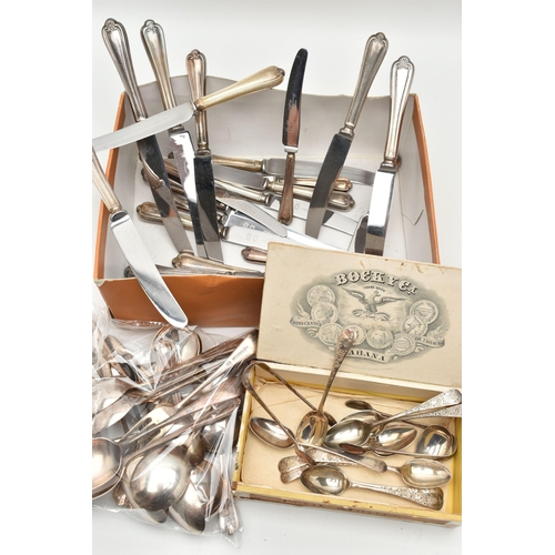 121 - AN ASSORTMENT OF SILVER AND SILVER PLATE CUTLERY, to include nine silver teaspoons and two pair of s... 