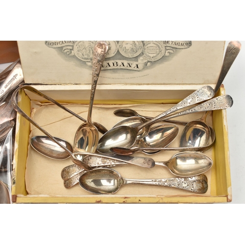 121 - AN ASSORTMENT OF SILVER AND SILVER PLATE CUTLERY, to include nine silver teaspoons and two pair of s... 