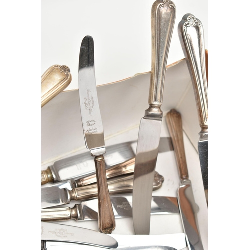 121 - AN ASSORTMENT OF SILVER AND SILVER PLATE CUTLERY, to include nine silver teaspoons and two pair of s... 