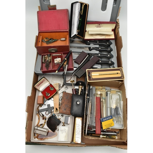 128 - A BOX OF ASSORTED ITEMS, to include a cased set of 'Kincho' kitchen knives, a selection of pens and ... 