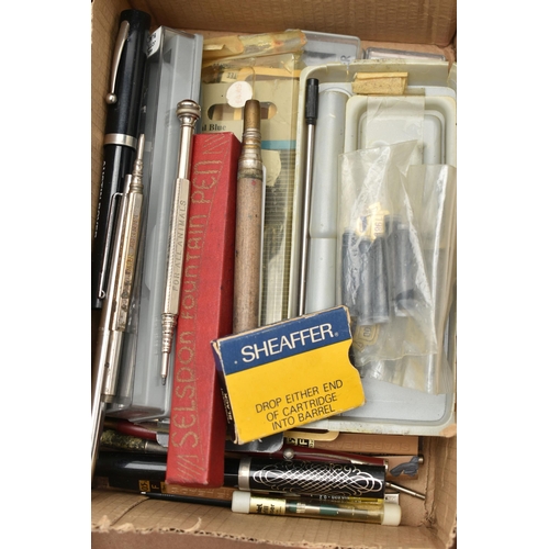 128 - A BOX OF ASSORTED ITEMS, to include a cased set of 'Kincho' kitchen knives, a selection of pens and ... 