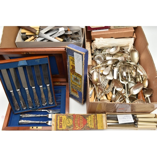 130 - TWO BOXES OF MAINLY CUTLERY, to include a wooden cased set of six knives and forks, boxes of matchin... 