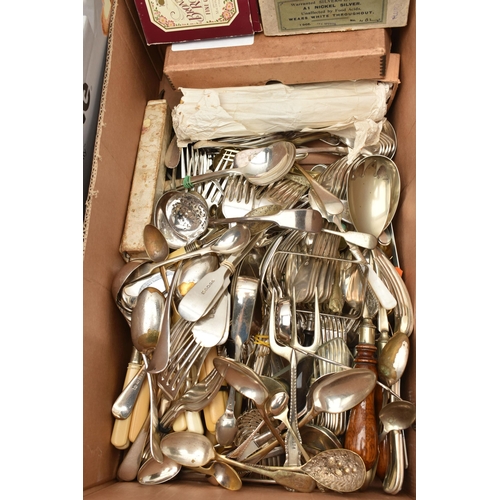 130 - TWO BOXES OF MAINLY CUTLERY, to include a wooden cased set of six knives and forks, boxes of matchin... 