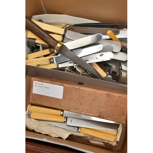 130 - TWO BOXES OF MAINLY CUTLERY, to include a wooden cased set of six knives and forks, boxes of matchin... 