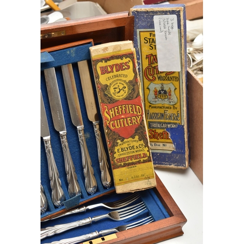 130 - TWO BOXES OF MAINLY CUTLERY, to include a wooden cased set of six knives and forks, boxes of matchin... 