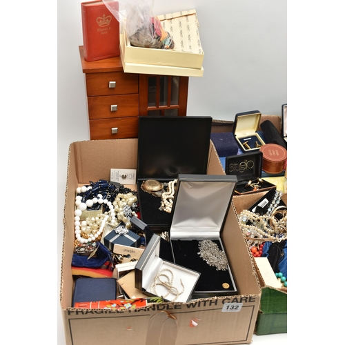 132 - TWO BOXES OF ASSORTED COSTUME JEWELLERY AND ITEMS, to include various beaded necklaces, imitation pe... 