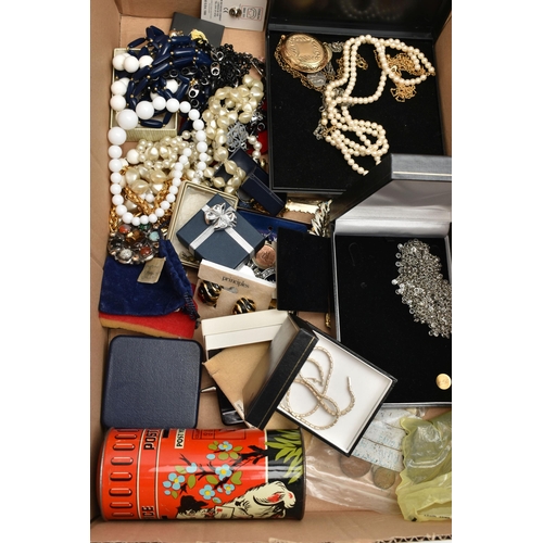 132 - TWO BOXES OF ASSORTED COSTUME JEWELLERY AND ITEMS, to include various beaded necklaces, imitation pe... 