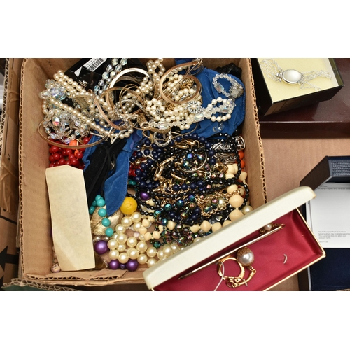 132 - TWO BOXES OF ASSORTED COSTUME JEWELLERY AND ITEMS, to include various beaded necklaces, imitation pe... 